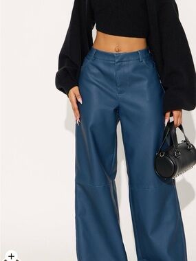 Fashion Nova High-Waist Wide Leg Faux Leather Pants - Teal Blue